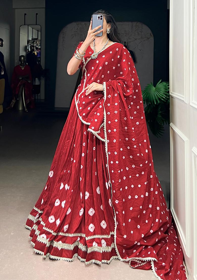 Red Printed Chanderi Lehenga Set - Indya
