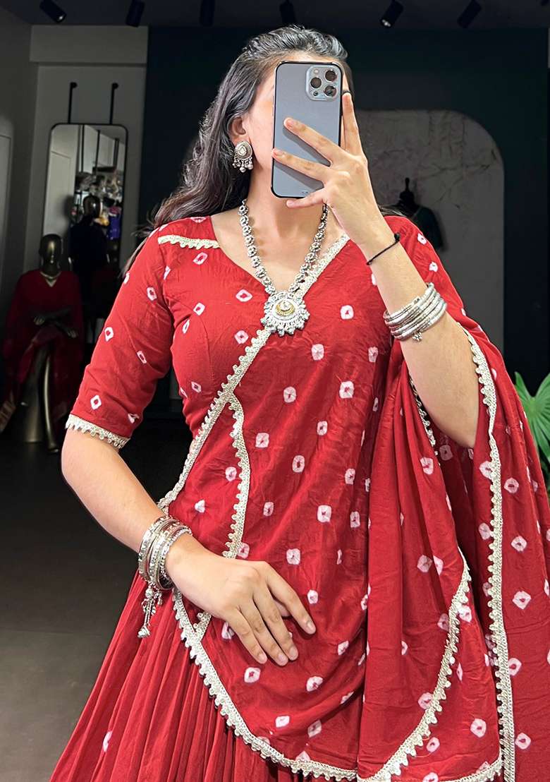 Red Printed Chanderi Lehenga Set - Indya