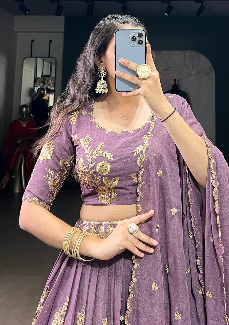 Lavender Embroidery Crush Lehenga Set - Indya