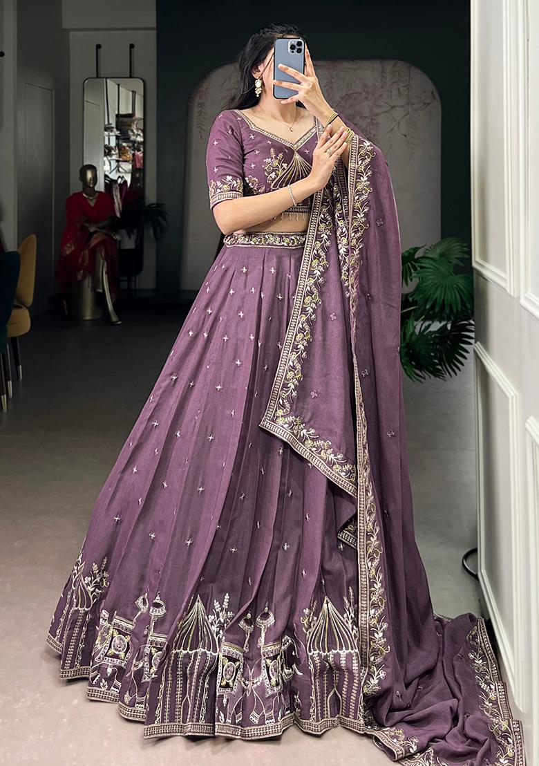 Lavender Embroidery Crush Lehenga Set - Indya
