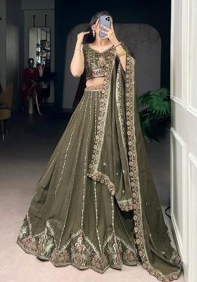 Green Embroidery Crush Lehenga Set