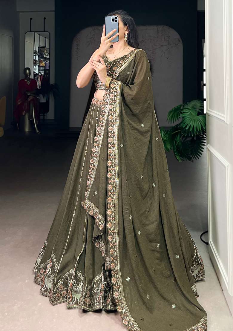 Green Crush Lehenga Set with Embroidery for Diwali | Wedding & Festive Wear - Indya