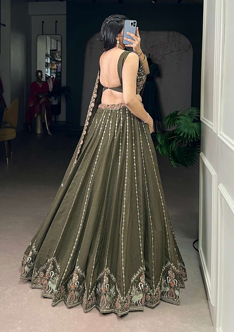 Green Crush Lehenga Set with Embroidery for Diwali | Wedding & Festive Wear - Indya