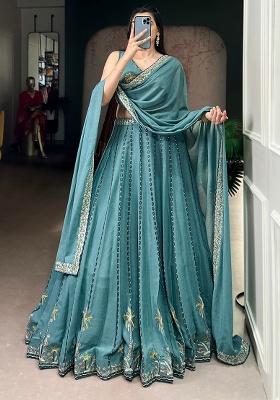Teal Embroidery Crush Lehenga Set