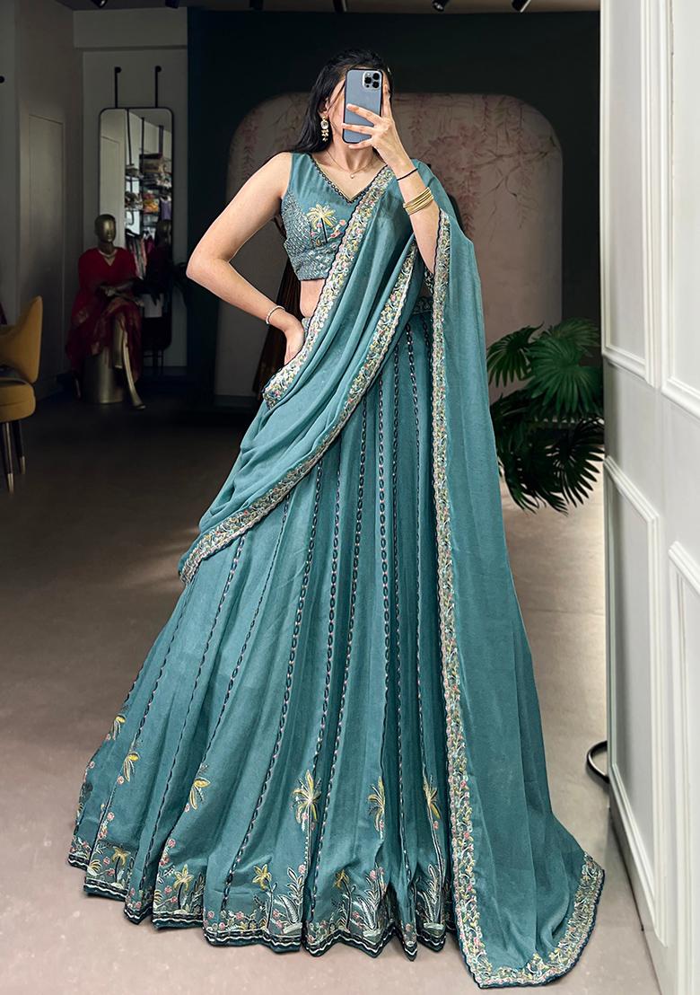 Teal Embroidery Crush Lehenga Set - Indya