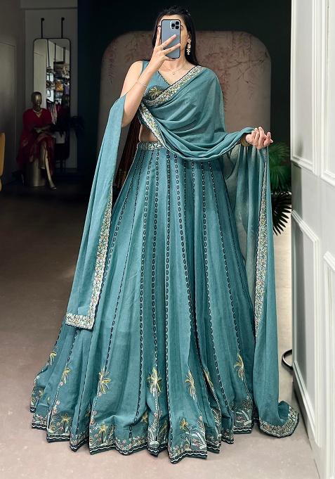 Teal Embroidery Crush Lehenga Set