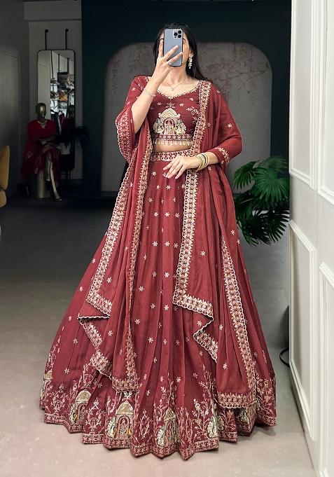 Rust Embroidery Crush Lehenga Set
