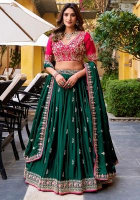 Dark Green Embroidery Silk Lehenga Set