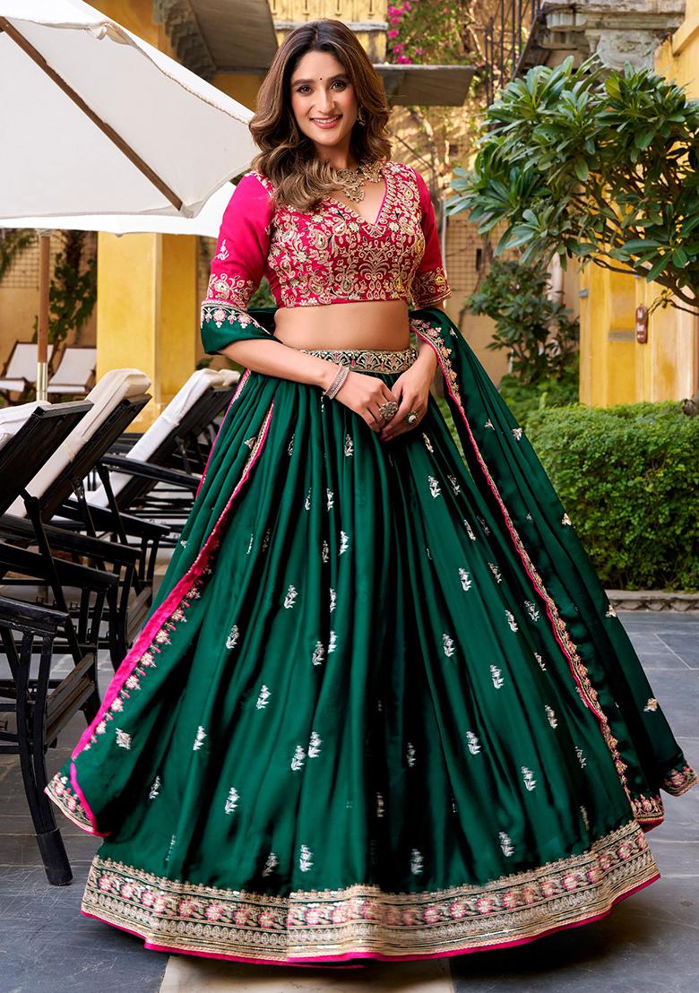 Dark Green Embroidery Silk Lehenga Set - Indya