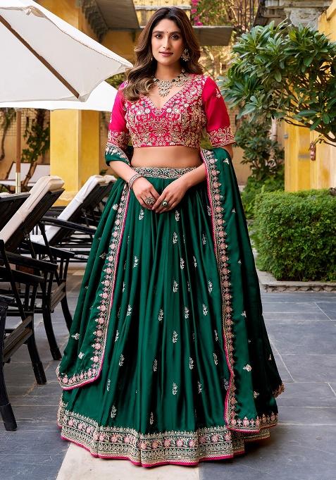 Dark Green Embroidery Silk Lehenga Set — view on Indya