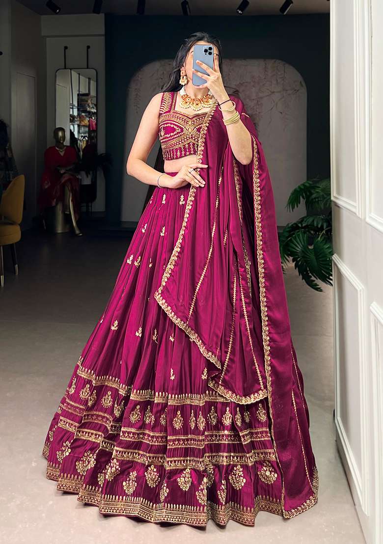 Maroon Rangoli Lehenga Set with Embroidery for Diwali | Wedding & Festive Wear - Indya