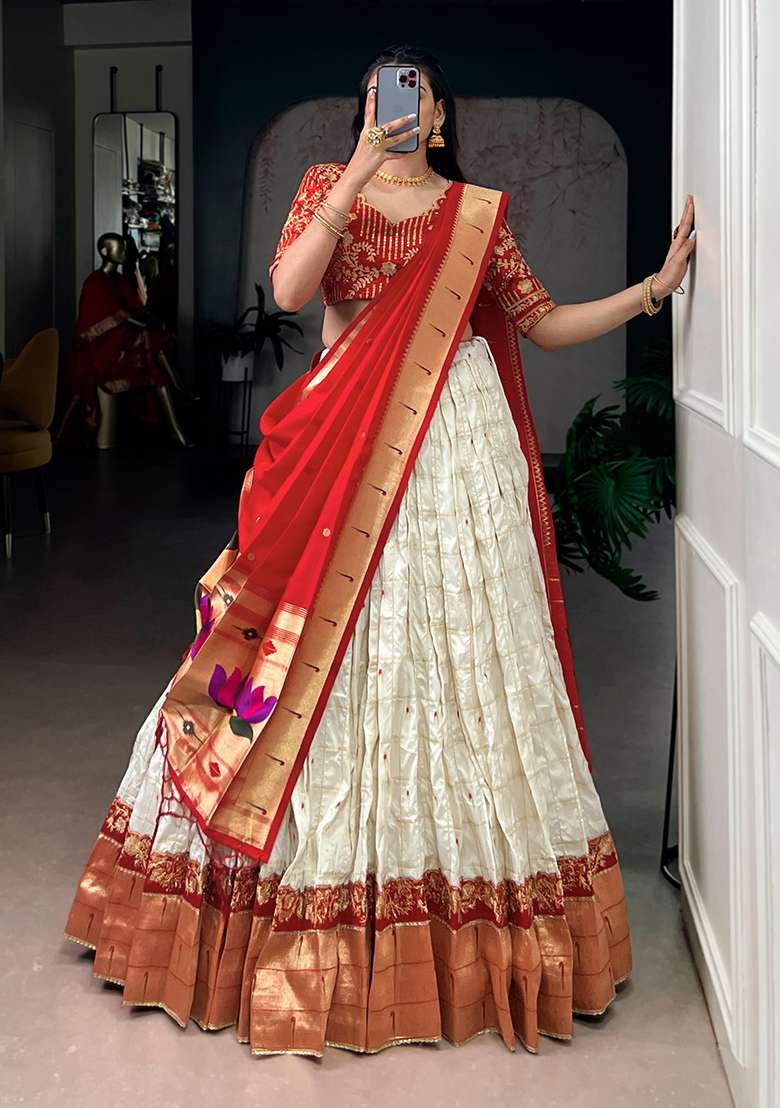 White Zari Weaving Silk Blend Lehenga Set for Diwali and Festive Wear - Indya
