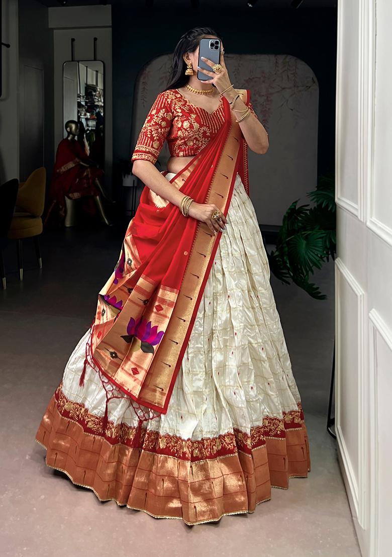 White Zari Weaving Silk Lehenga Set - Indya