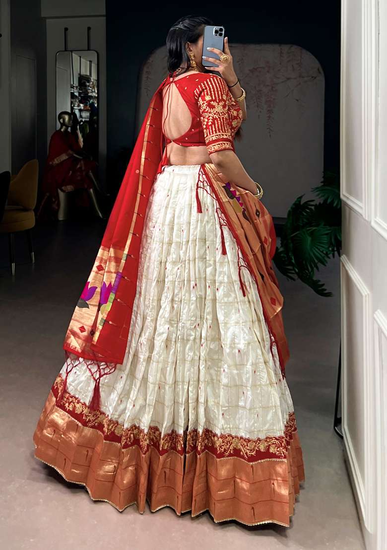 White Zari Weaving Silk Blend Lehenga Set for Diwali and Festive Wear - Indya