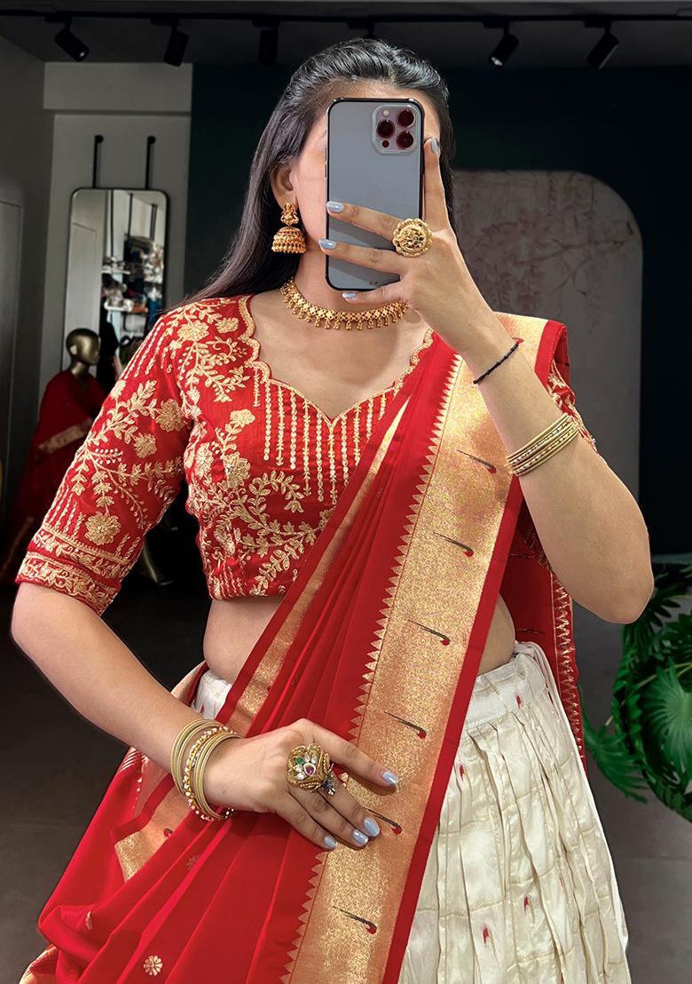 White Zari Weaving Silk Lehenga Set - Indya