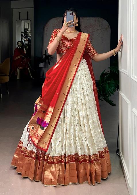 White Zari Weaving Silk Lehenga Set