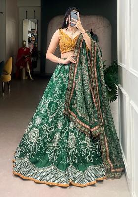 Bottle Green Printed Silk Lehenga Set