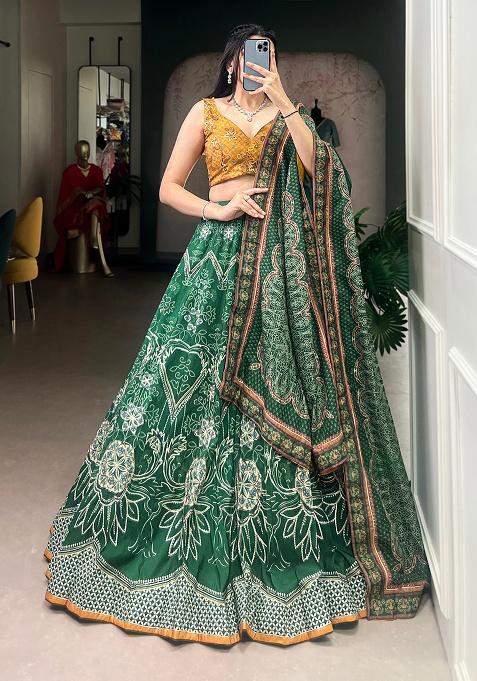 Bottle Green Printed Silk Lehenga Set — view on Indya