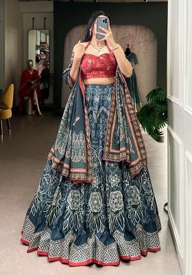 Blue Printed Silk Lehenga Set