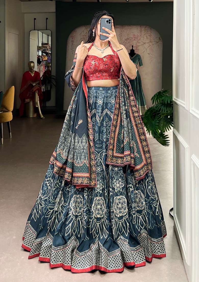 Blue Printed Silk Blend Lehenga Set - Indya