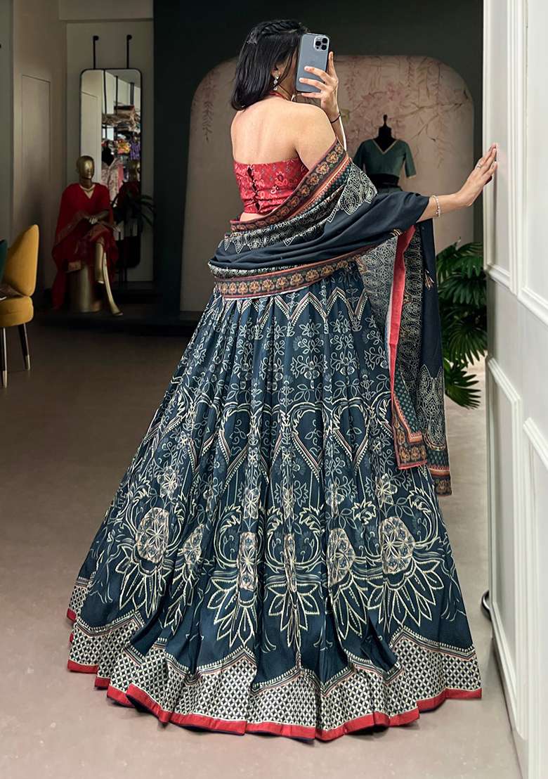 Blue Printed Silk Blend Lehenga Set - Indya
