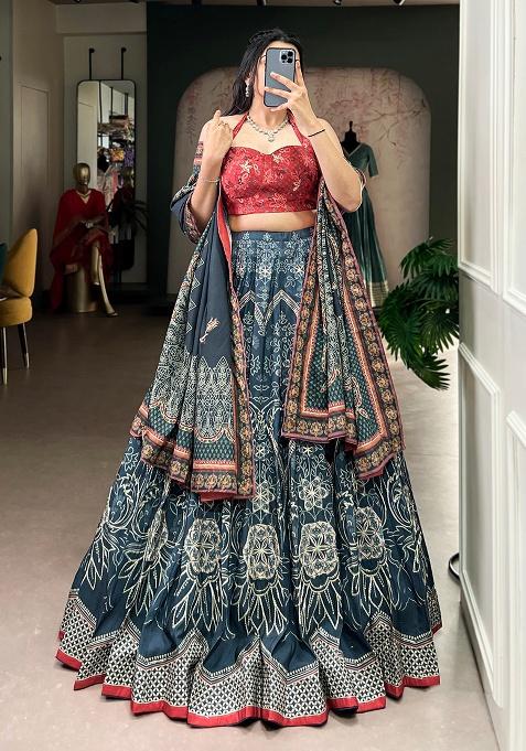 Blue Printed Silk Lehenga Set — view on Indya