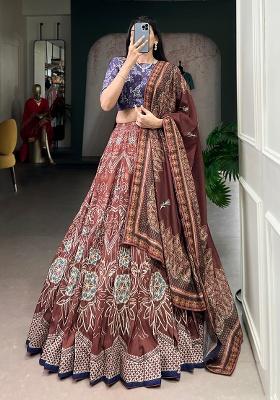 Maroon Printed Silk Lehenga Set