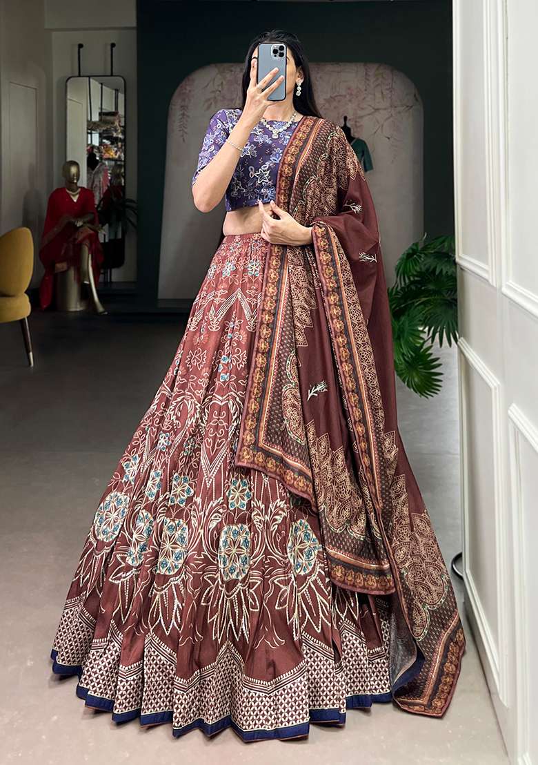 Maroon Printed Silk Blend Lehenga Set - Indya