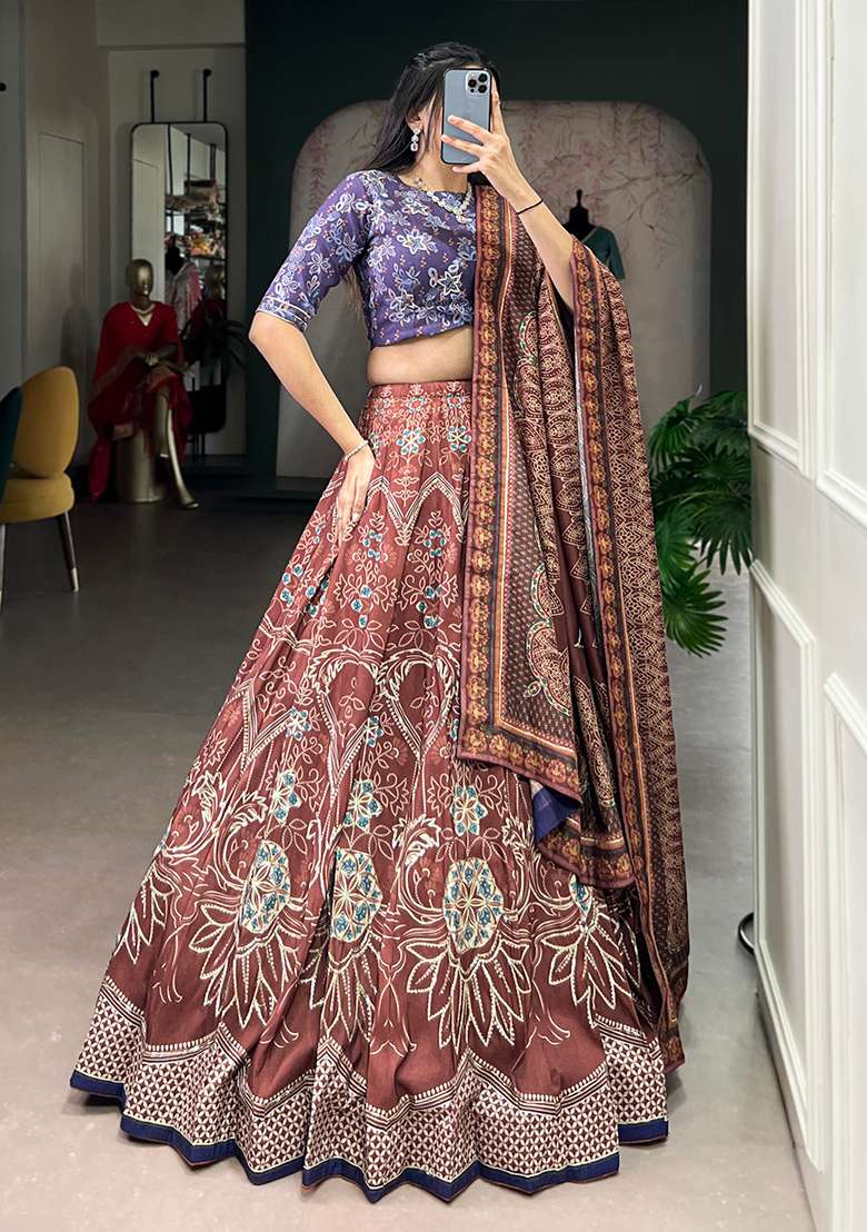 Maroon Printed Silk Blend Lehenga Set - Indya