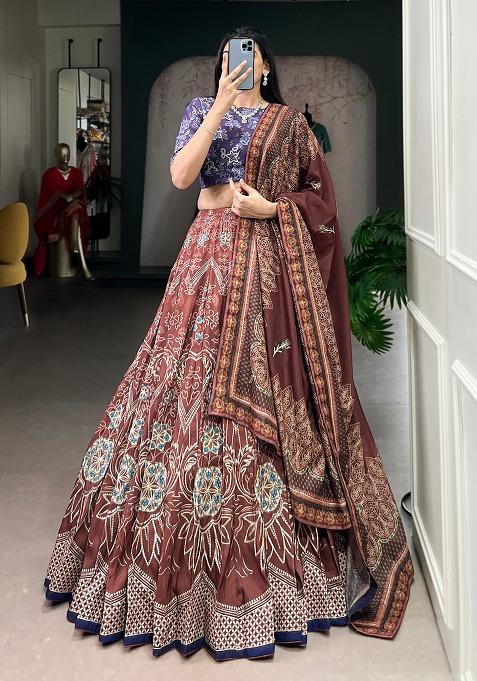 Maroon Printed Silk Lehenga Set
