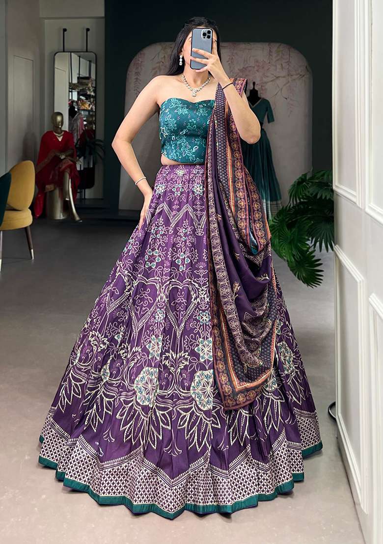 Purple Printed Silk Blend Chaniya Choli Set For Navratri And Garba - Indya