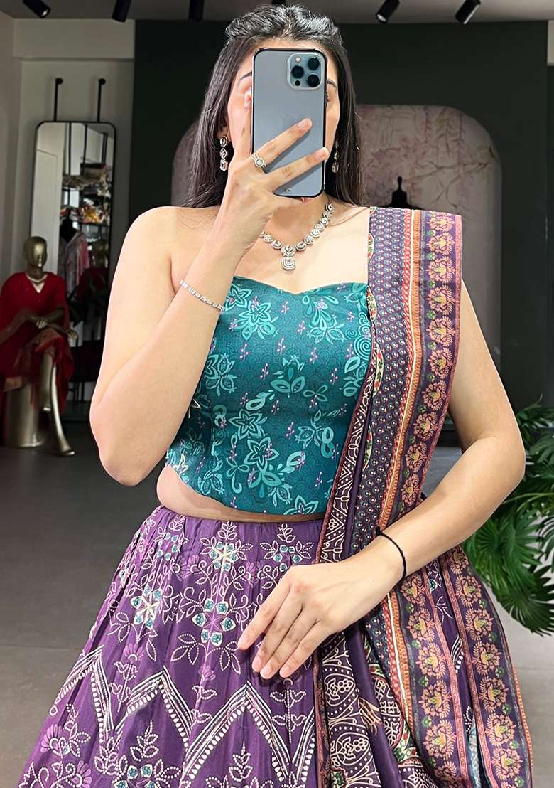 Purple Printed Silk Blend Chaniya Choli Set For Navratri And Garba - Indya