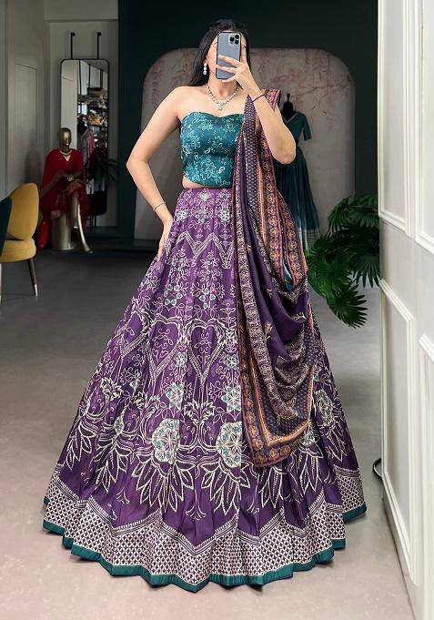 Purple Printed Silk Lehenga Set