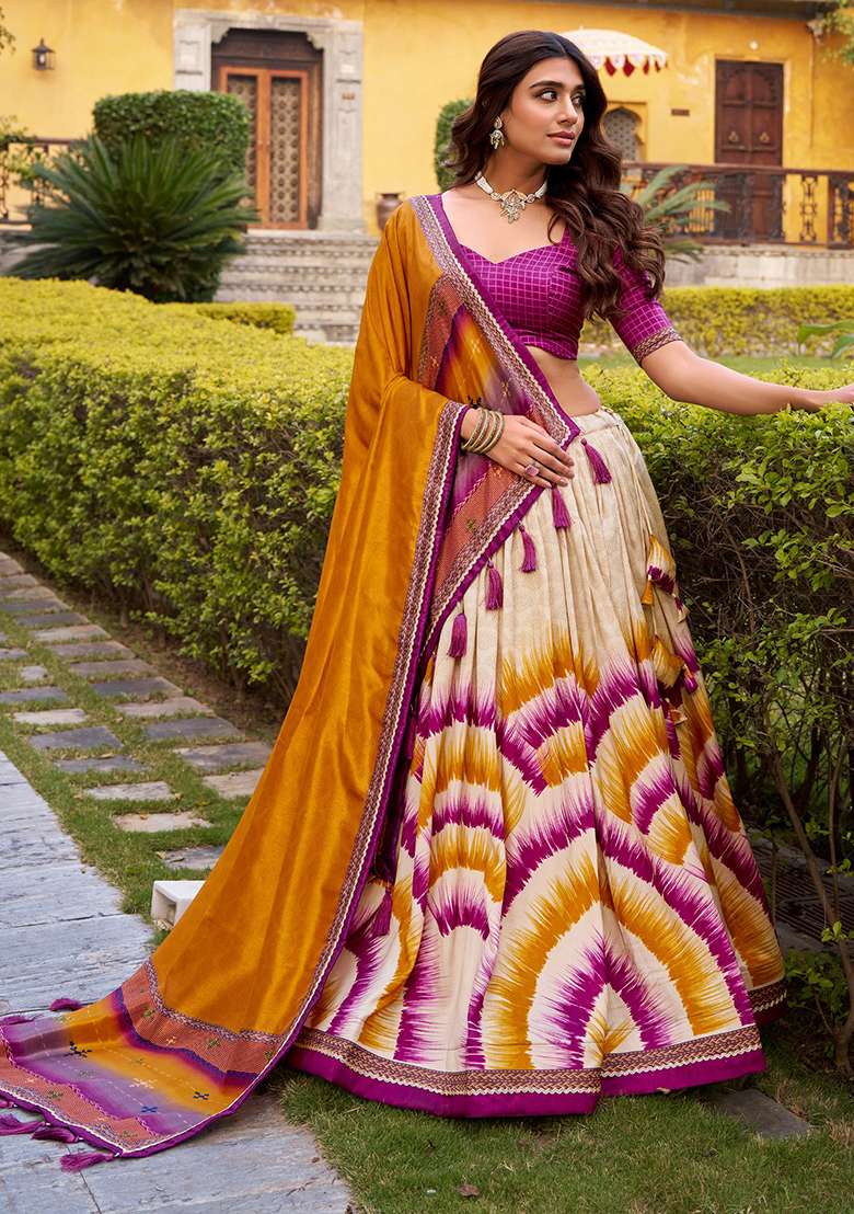 Wine Silk Blend Lehenga Set with Printed for Diwali | Wedding & Festive Wear - Indya