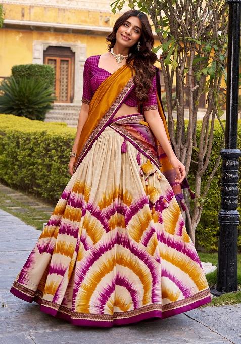 Wine Printed Silk Lehenga Set