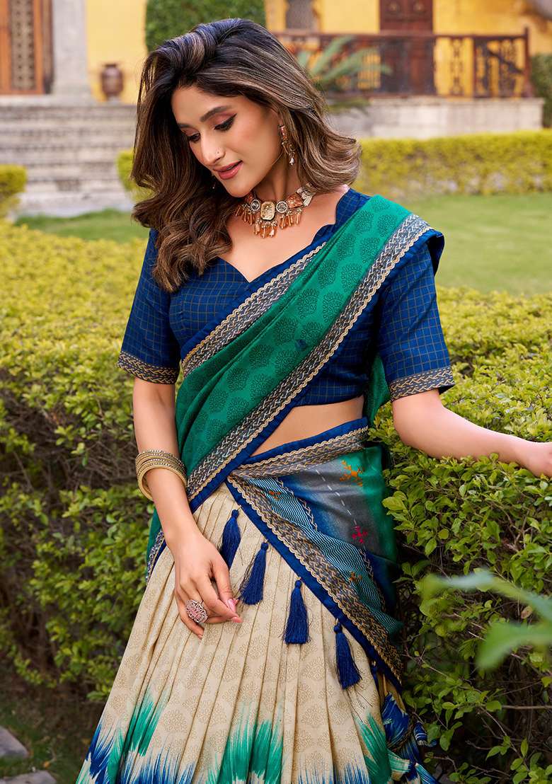 Navy Blue Printed Silk Blend Lehenga Set for Diwali and Festive Wear - Indya