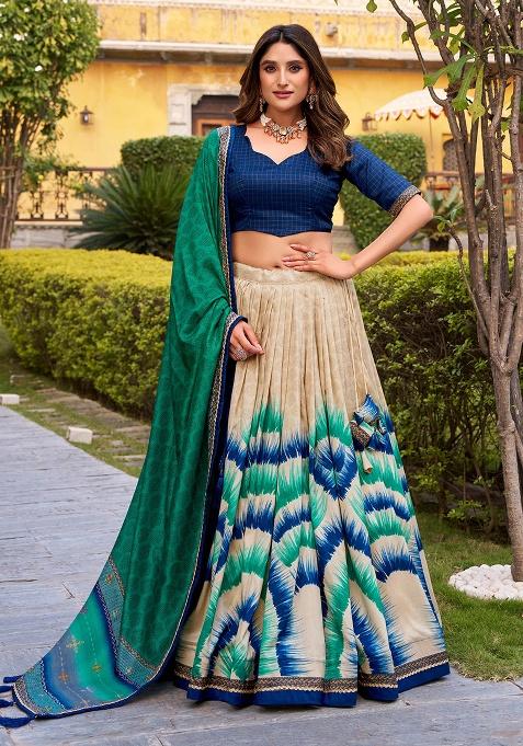 Navy Blue Printed Silk Blend Lehenga Set