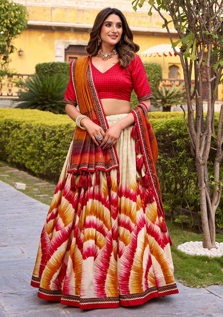 Red Printed Silk Blend Lehenga Set for Diwali and Festive Wear - Indya