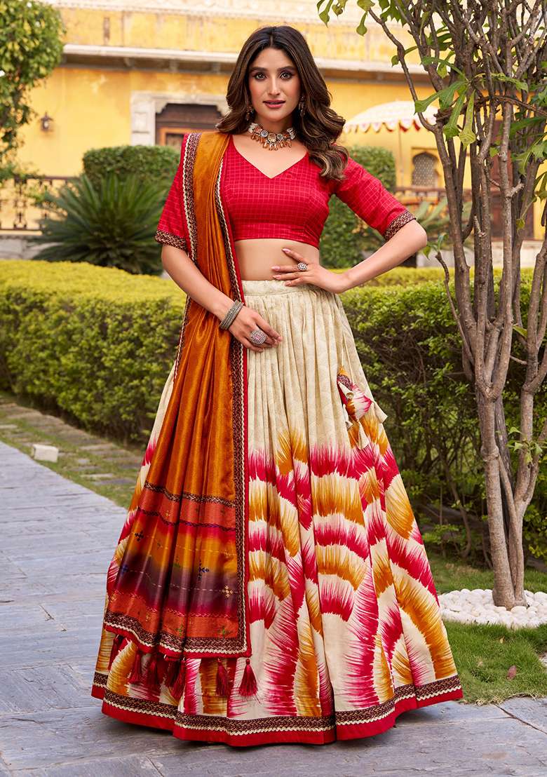 Red Printed Silk Blend Lehenga Set for Diwali and Festive Wear - Indya