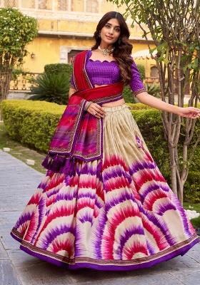 Purple Printed Silk Lehenga Set