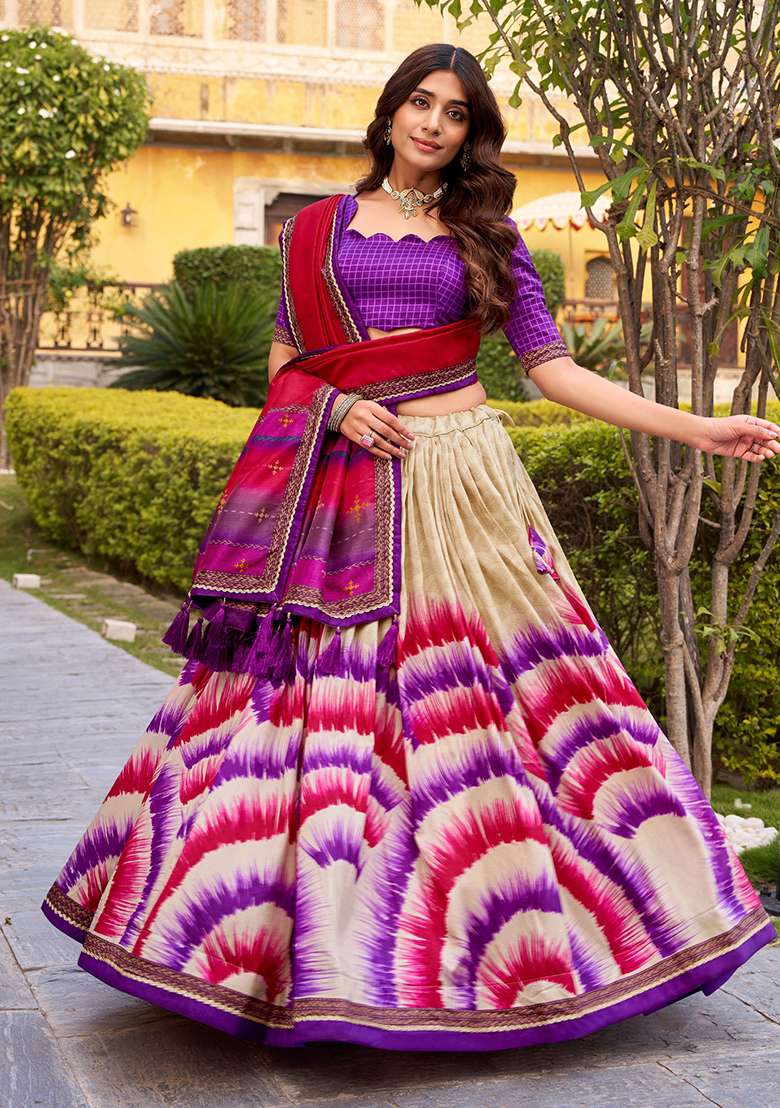 Purple Printed Silk Blend Lehenga Set - Indya