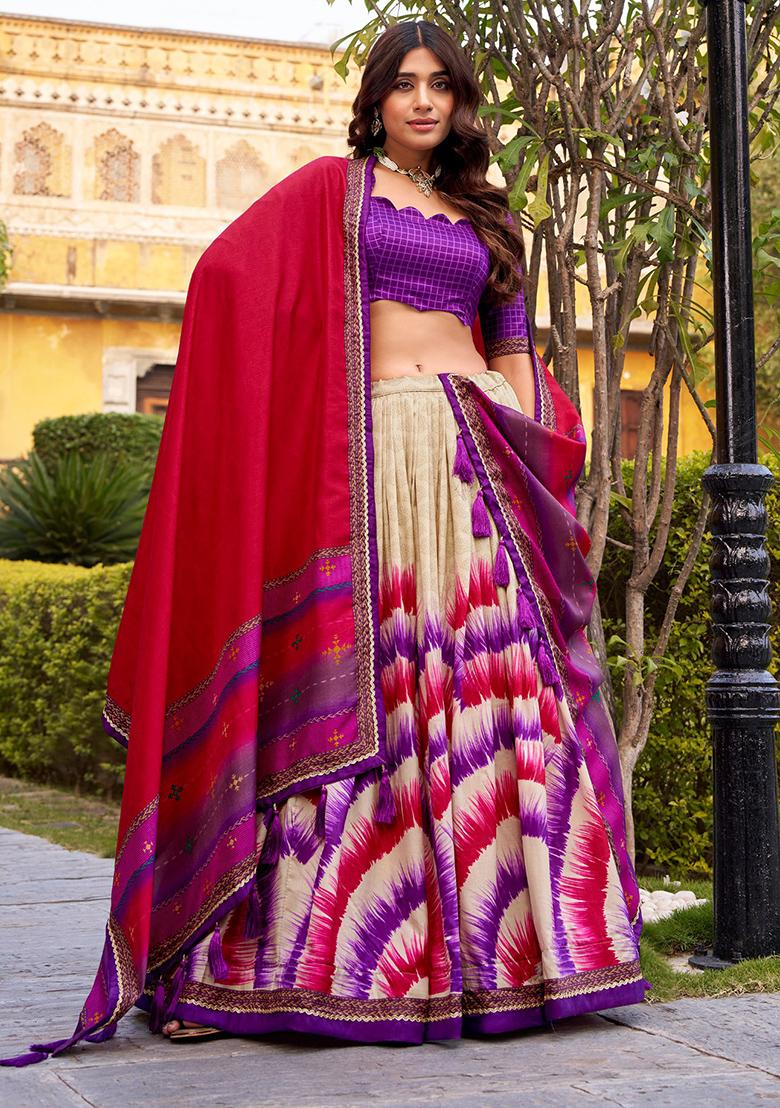 Purple Printed Silk Lehenga Set - Indya