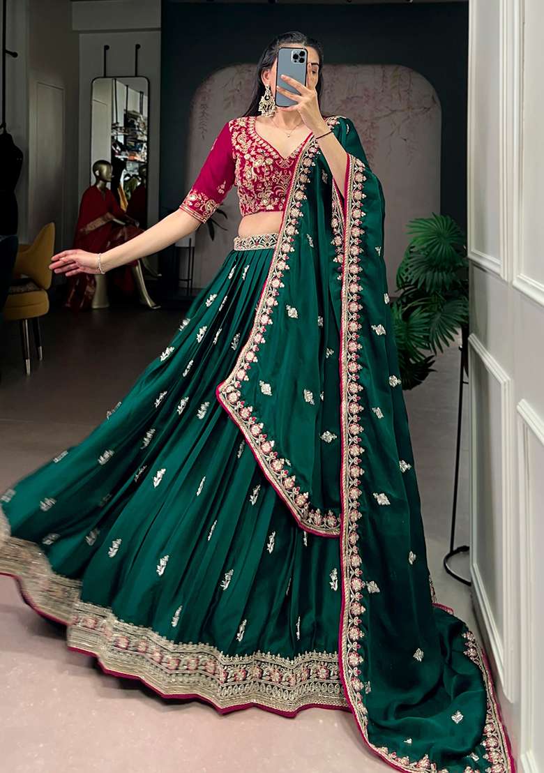 Green Silk Blend Lehenga Set with Embroidery for Diwali | Wedding & Festive Wear - Indya