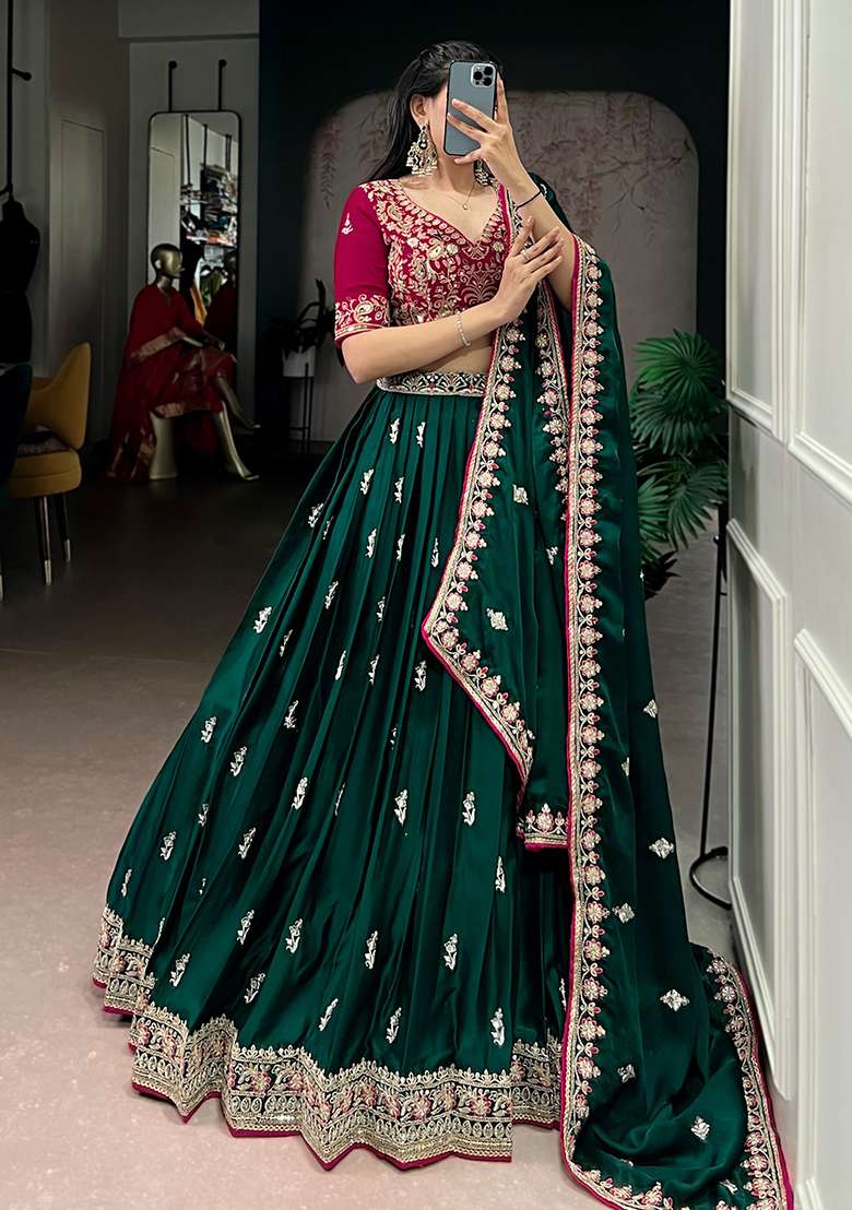 Green Silk Blend Lehenga Set with Embroidery for Diwali | Wedding & Festive Wear - Indya