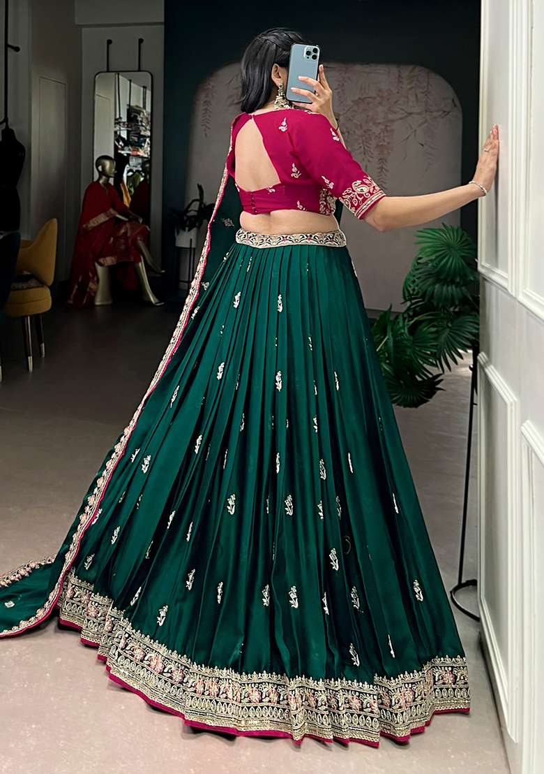 Green Silk Blend Lehenga Set with Embroidery for Diwali | Wedding & Festive Wear - Indya