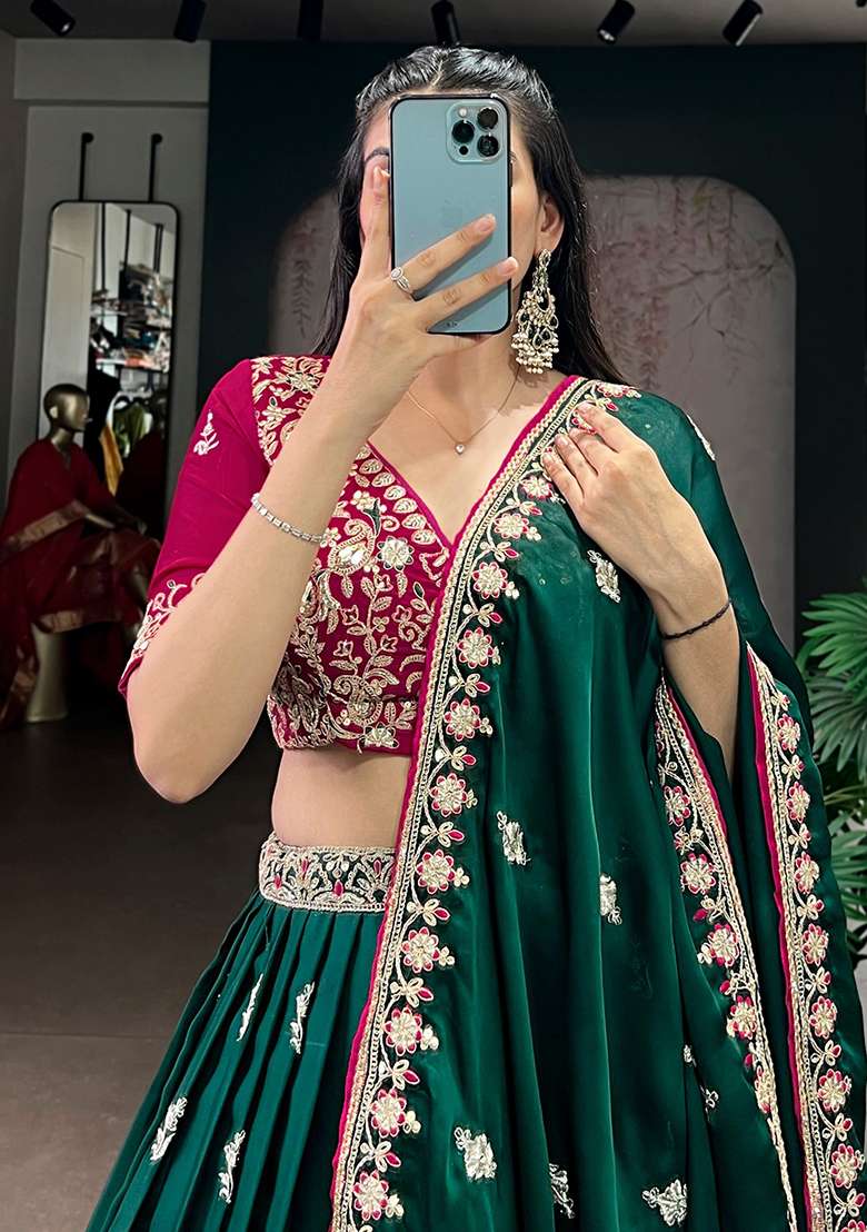 Green Silk Blend Lehenga Set with Embroidery for Diwali | Wedding & Festive Wear - Indya