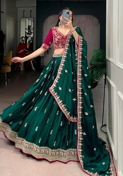 Green Embroidery Silk Blend Lehenga Set