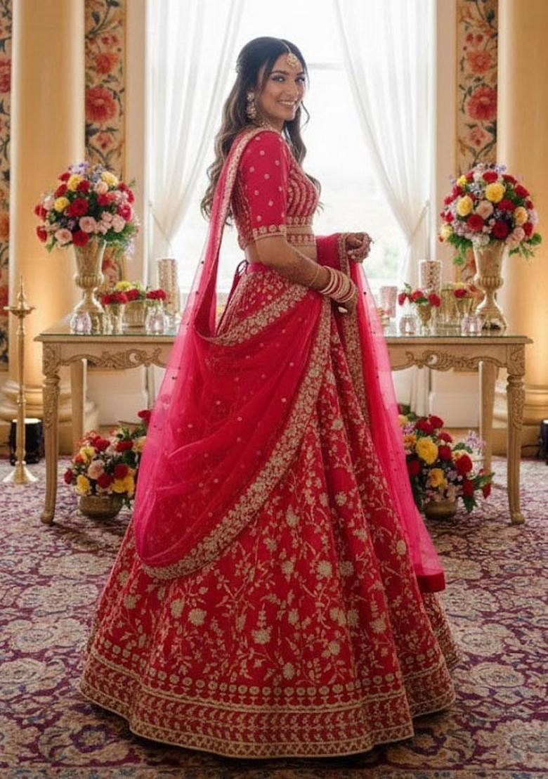 Pink Embroidery Silk Lehenga Set - Indya