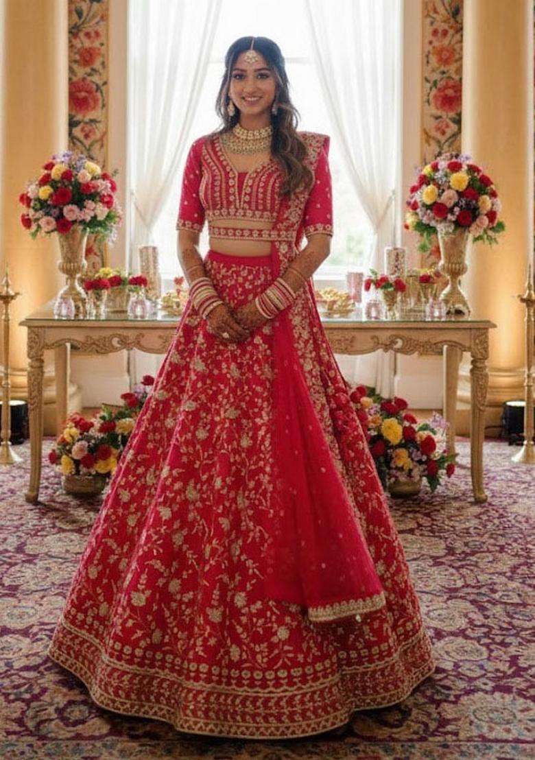 Pink Embroidery Silk Blend Lehenga Set for Diwali and Festive Wear - Indya
