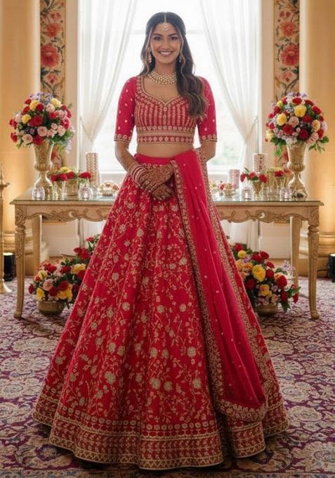 Pink Embroidery Silk Lehenga Set